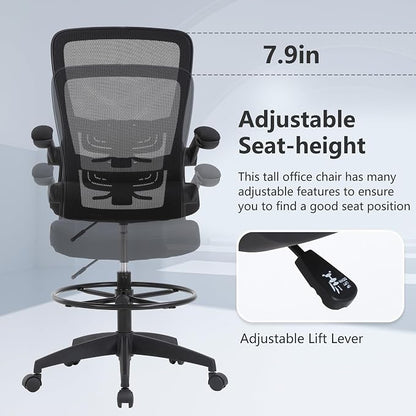 BestOffice Drafting Chair Tall Office Chair Adjustable Height with Lumbar Support Flip Up Arms Footrest Mid Back Task Mesh Desk Chair Computer Chair Drafting Stool for Standing Desk (B-Black)
