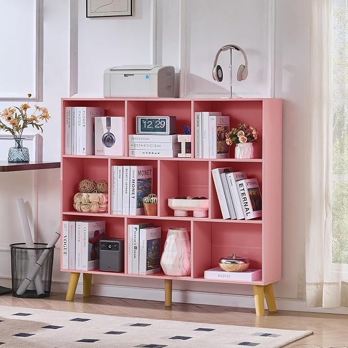 LEYAOYAO 10 Cube Bookshelf,3 Tier Modern Wide Bookcase with Legs,Mid-Century Wood Bookshelves Storage,Light Pink Large Book Case,Freestanding Organizer Display Shelf for Bedroom,Living Room,Office