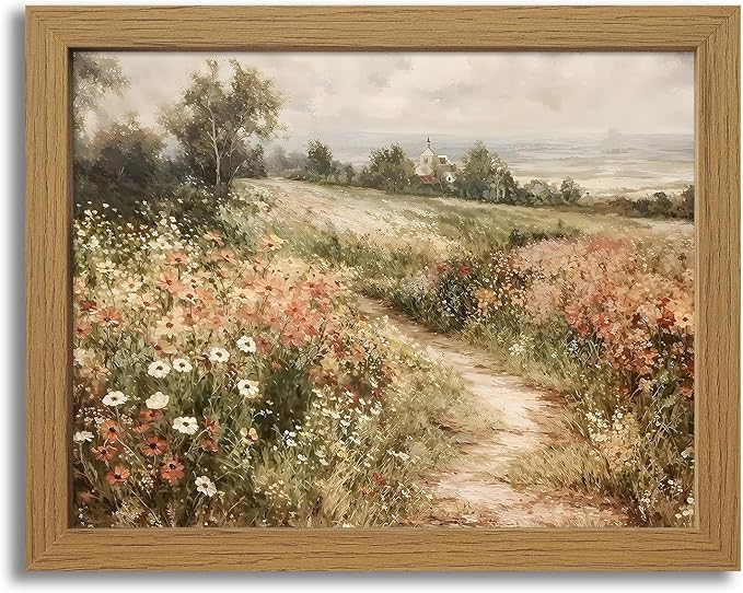 CXQILVER Framed Vintage Cottagecore Landscape Wall Art, Wildflower Meadow Path Canvas Wall Decor Rustic Farmhouse Floral Nature Artwork for Living Room Bedroom Bathroom Home Decor 8x10 inch Framed