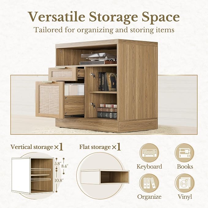 2 Drawer Rattan File Cabinet, 32'' Lateral File Cabinet with Lock and AC/USB for Letter/A4 Size, Wood Filing Cabinet with Storage Shelves for Home Office, Natural Oak