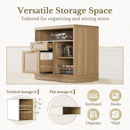 2 Drawer Rattan File Cabinet, 32'' Lateral File Cabinet with Lock and AC/USB for Letter/A4 Size, Wood Filing Cabinet with Storage Shelves for Home Office, Natural Oak