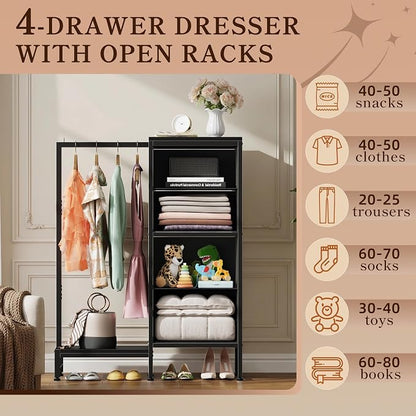 HIGDBFE Dresser with Hanging Rack, 4 Drawers Small Closet for Bedroom, Reversible Fabric Kids Chest of Drawers with Clothes Rack, Tall Storage Tower, Sturdy Frame, Grey, 44''H