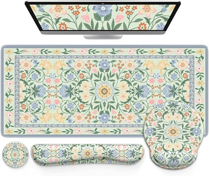 iCasso Desk Cover Mat, Gaming Mouse Pad Wrist Support Set,4in1 XXL Large Mousepad + Keyboard Wrist Rest+Mouse Wrist Rest+Coaster Set with Ergonomic Design for Home Office Table Computer(Green Flowers)