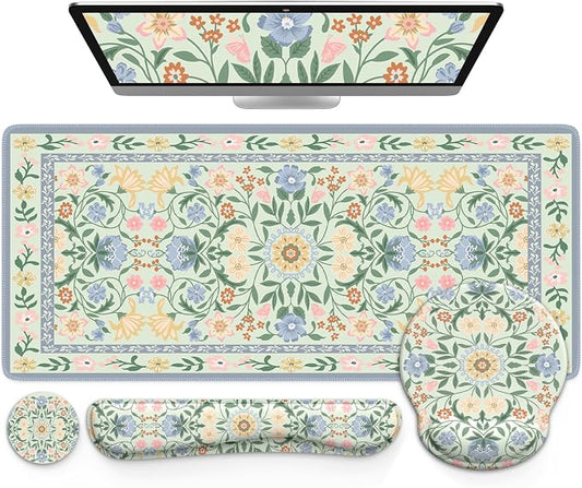 iCasso Desk Cover Mat, Gaming Mouse Pad Wrist Support Set,4in1 XXL Large Mousepad + Keyboard Wrist Rest+Mouse Wrist Rest+Coaster Set with Ergonomic Design for Home Office Table Computer(Green Flowers)