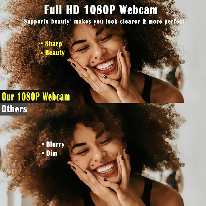 1080P Webcam for PC/Laptop, USB Webcam with Microphone, Noise Cancellation, Support Beauty, Plug & Play with Auto Light Correction for Video Calls, Live Streaming Gaming & Online Meetings
