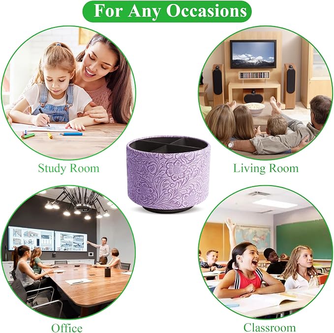 lizimandu Round Leather Art Supply Organizer,Remote Control Holder,360 Degree Spinning,Multi-Functional Pencil Holder,4 Compartments Desktop Stationary Organizer(1-Carved Puple)