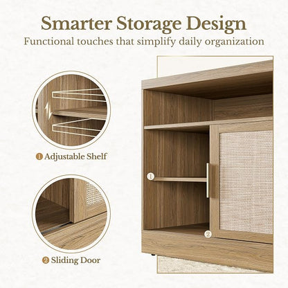 Rattan File Cabinet with Sliding Door, 32'' Lateral File Cabinet with Open Adjustable Shelves, Wood Filing Cabinet for Home Office, Natural Oak