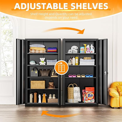 INTERGREAT Storage Cabinet with Doors and Shelves, Metal Garage Storage Cabinets with Lock, Black Lockable Steel Supply Cabinet for Home Office, Warehouse