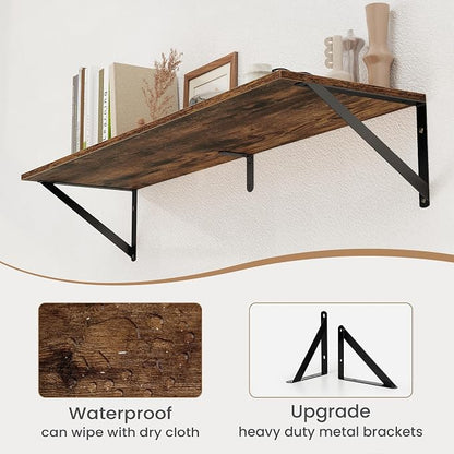 Heimlove Deep Floating Shelves for Wall, 36W x 8D Wood Wall Shelves Set of 2, Wide Floating Bookshelf for Living Room, Kitchen, Office, Bedroom and Decor Storage, with Metal Bracket - Rustic Brown