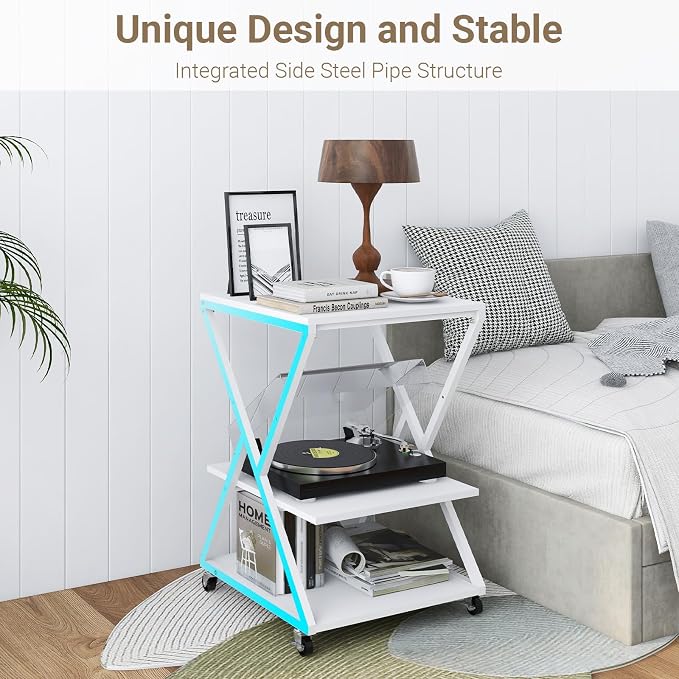 Natwind 3 Tier Printer Stand, 19.7''x19.7'' Large Printer Table with Height Adjustable Shelf, Rolling Printer Cart with Wheels,Multifunctional Organizer Shelf for Home Office Kitchen（White）