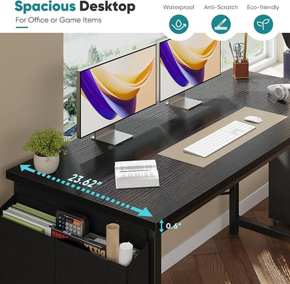 OLIXIS 63 Inch Computer Desk for Home Office, Writing Study Craft Gaming Table, Modern Computer Workstation with Storage Bag and Headphone Hook for Bedroom Small Spaces, Black
