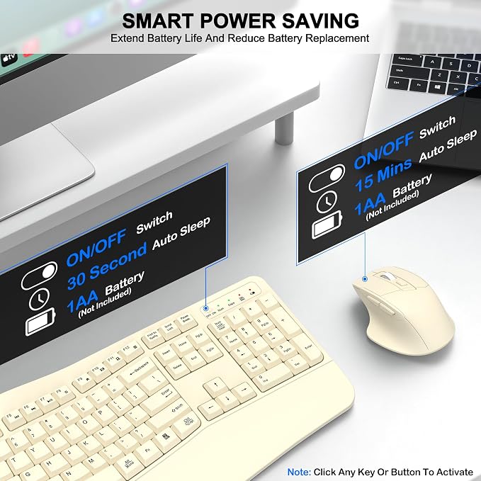 Wireless Keyboard and Mouse Combo, Ergonomic Wave Keys (Latte) | 2.4G Full Size Wave Keyboard with Wrist Rest, 3-Level DPI Adjustable Ergonomic Mouse for Windows and Mac OS Desktop/Laptop/PC