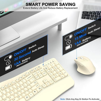 Wireless Keyboard and Mouse Combo, Ergonomic Wave Keys (Latte) | 2.4G Full Size Wave Keyboard with Wrist Rest, 3-Level DPI Adjustable Ergonomic Mouse for Windows and Mac OS Desktop/Laptop/PC