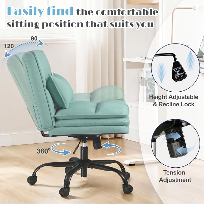Furmax Criss Cross Legged Office Chair with Wheels, Armless Extra Wide Seat Swivel Desk Chair, Adjustable Height Comfy Task Chair with Thick Cushion for Home Office Bedroom Vanity (Fabric, Green)