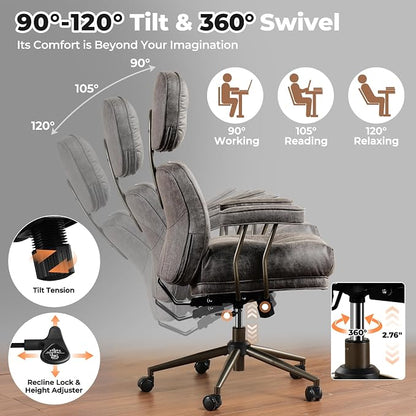 ovios Ergonomic Office Chair, High Back Faux Leather Executive Chairs with Thick Cushion, Comfy Mid-Century Modern Swivel Rolling Computer Armchair (Dark Grey, Suede Leather)