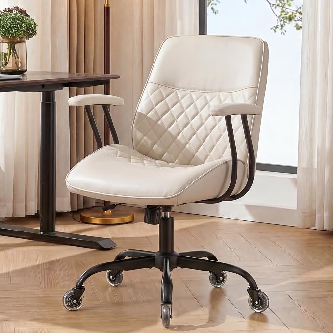 NEO CHAIR Ergonomic Leather Office Desk Chair with Adjustable Armrests Mid Back Lumbar Support Swivel Executive Computer Chair with Wheels Comfy Home Office Chair for Adults (Ivory)