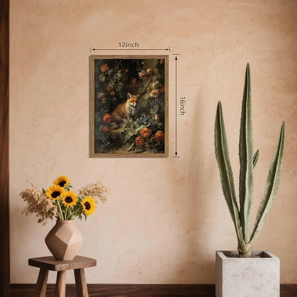 Vintage Fox Canvas Wall Art, Dark Academia Floral Decor, Nature Botanical Animal Painting, Farmhouse Fox Picture Print, Aesthetic Wall Decor for Living Room Bedroom 12x16 inch Wood Framed