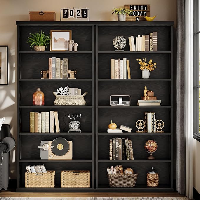 Tribesigns 6-Tier Bookshelf, 71 Inches Tall Freestanding Bookcase, Large Industrial Bookshelves Display Shelves, Wooden Book Shelf for Home Office, Living Room, Bed Room, Black, 2pcs
