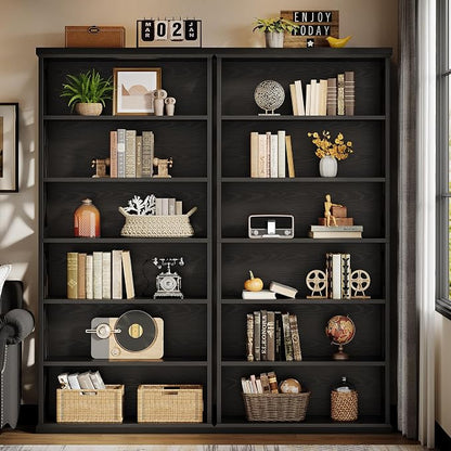 Tribesigns 6-Tier Bookshelf, 71 Inches Tall Freestanding Bookcase, Large Industrial Bookshelves Display Shelves, Wooden Book Shelf for Home Office, Living Room, Bed Room, Black, 2pcs