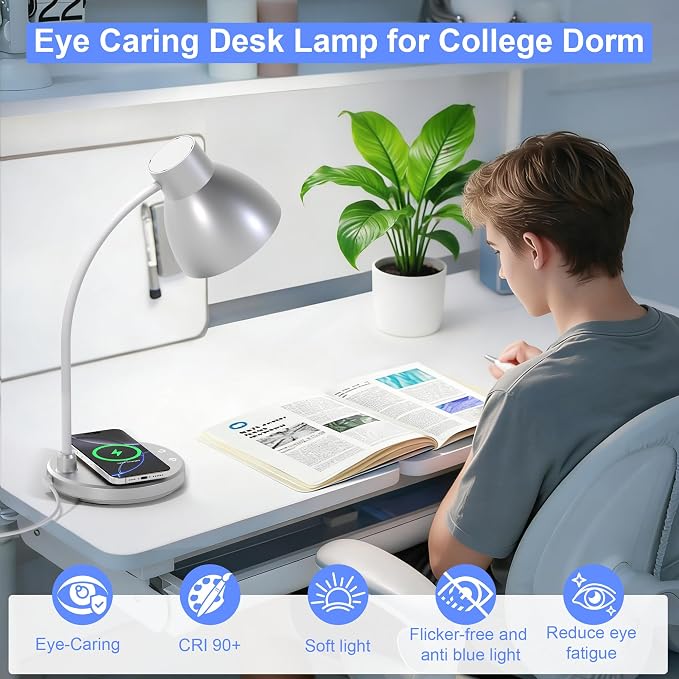 Desk Lamp for Home Office - LED Desk Lamp with Wireless Charger, 3 Color Modes Dimmable Eye-Caring Study Reading Desk Light, Small Flexible Arm Table Lamp for College Dorm Room Bedside, Silver
