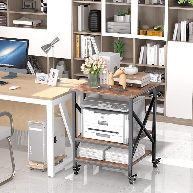 Printer Stand, 23.6 x 23.6 Inches Large Printer Stand with Adjustable Storage Shelf, 3 Tier Printer Table for Home Office, Rolling Printer Cart with Industrial Wheels, Mini Fridge Stand Table, Vintage