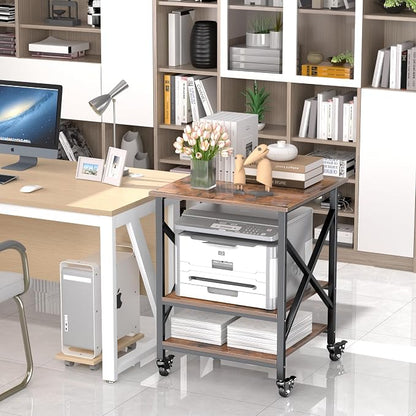 Printer Stand, 23.6 x 23.6 Inches Large Printer Stand with Adjustable Storage Shelf, 3 Tier Printer Table for Home Office, Rolling Printer Cart with Industrial Wheels, Mini Fridge Stand Table, Vintage