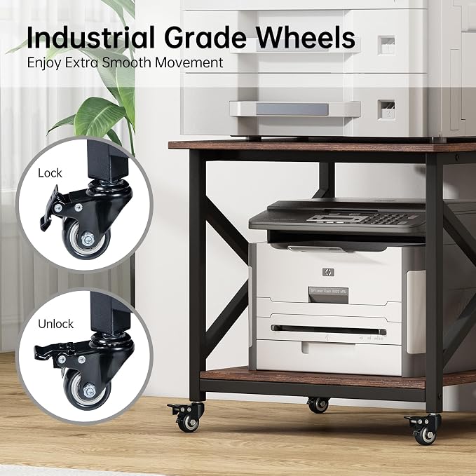 Fannova Large Printer Stand, 23.6 x 23.6 x 22.6 Inches Square Printer Table with Storage Shelf, 2 Tier Rolling Printer Cart with Industrial Wheels for Home Office - Rustic Brown