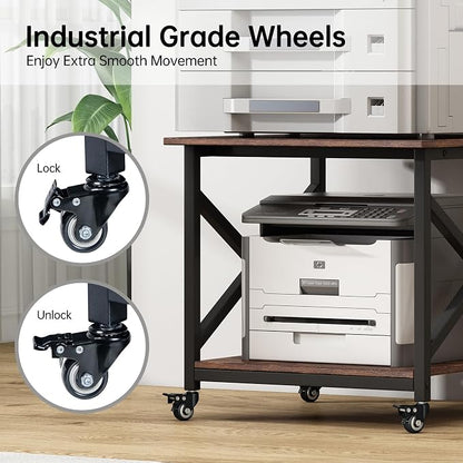 Fannova Large Printer Stand, 23.6 x 23.6 x 22.6 Inches Square Printer Table with Storage Shelf, 2 Tier Rolling Printer Cart with Industrial Wheels for Home Office - Rustic Brown