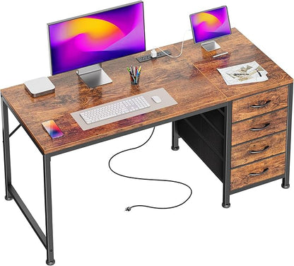 PRAISUN 47.2 Inch Computer Office Desk with Power Outelts and USB-C Port, Reversible Gaming Desk with 4 Fabric Drawers, Work Study Desk Work from Home, Rustic Brown