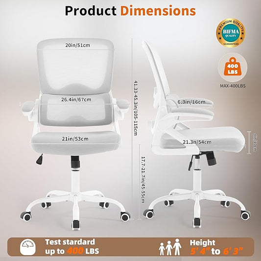 Ergonomic Office Chair,Mesh Office Chair with Lumbar Support,Mid Back Desk Chair with Flip-up Arms,400 lbs Comfy Computer Chair for Home Office (Off-White Gray)