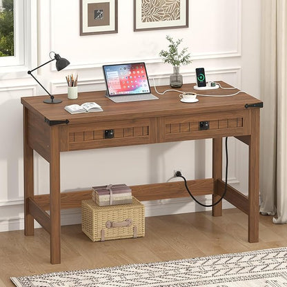 YOMILUVE Farmhouse Computer Desk with 2 Drawers, 39 Inch Small Office Computer Desk with Power Outlets, Compact Writing Study Vanity Desk for Small Spaces, Brown