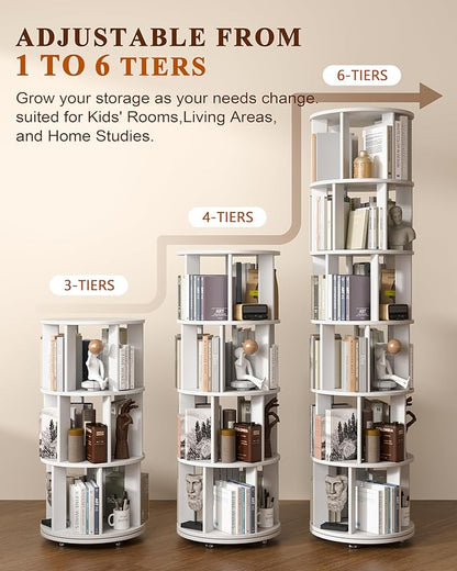 4-Tier Solid Wood Rotating Bookshelf on Wheels, 360° Spinning Book Shelf Tower, Round Revolving Bookcase Organizer, Rolling Bookshelves for Small Spaces, Corner, Bedroom, Kids Room, Office, White