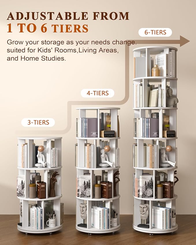 6-Tier Solid Wood Rotating Bookshelf on Wheels, 360° Spinning Book Shelf Tower, Round Revolving Bookcase Organizer, Rolling Bookshelves for Small Spaces, Corner, Bedroom, Kids Room, Office, White