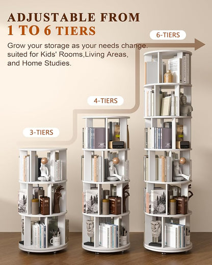 6-Tier Solid Wood Rotating Bookshelf on Wheels, 360° Spinning Book Shelf Tower, Round Revolving Bookcase Organizer, Rolling Bookshelves for Small Spaces, Corner, Bedroom, Kids Room, Office, White