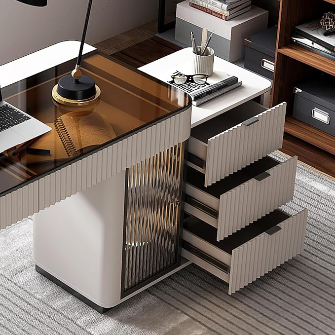 Lartis Office Desk, Very Easy to Assemble, Computer Desk, Home Telescopic Writing Desk, Modern Computer Desk with Retractable Cabinet Built-in LED Lights (Ivory, 50 in)