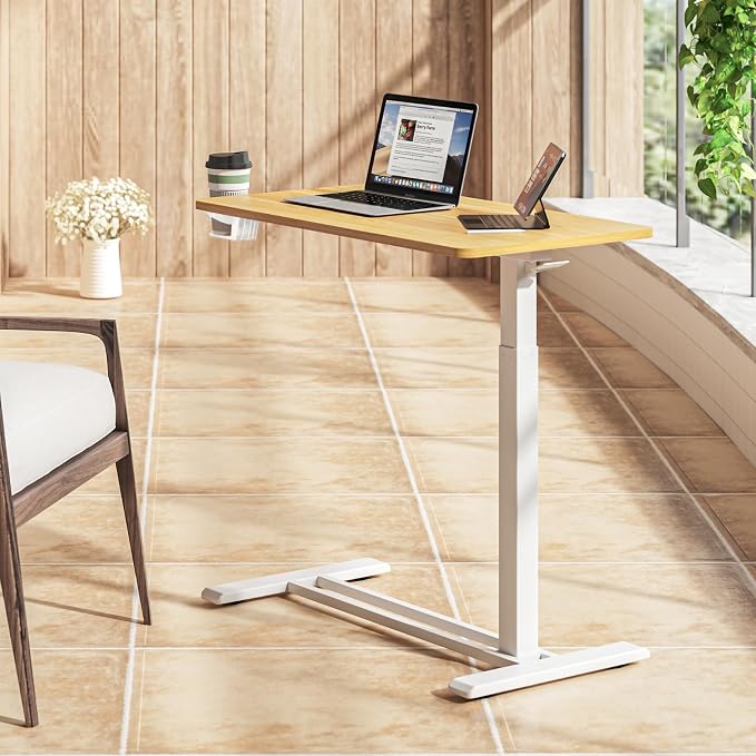 SANODESK Mobile Standing Desk with Hidden Wheels,Pneumatic Laptop Desk Rolling Computer Cart Movable Height Adjustable Small Sit Stand Desk for Home Office(31.5" W x 17.7" D,Maple)