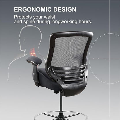 400lbs Office Drafting Chair Wide Dual Seat Cushion Height Adjustable Armrest for High Standing Desk with Lumbar Support and Enlarged Adjustable Footrest (Black Frame Gray Fabric)