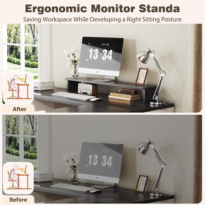 HUAHUU 78" Farmhouse L Shaped Executive Desk with Drawers, Modern Computer Desk with Power Outlets, Office Writing Desk with Monitor Stand & Storage Cabinet, Printer Shelf, Antique White