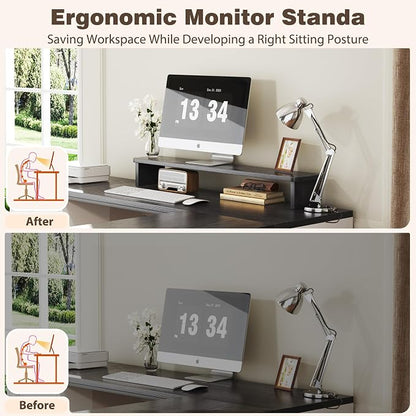 HUAHUU 78" Farmhouse L Shaped Executive Desk with Drawers, Modern Computer Desk with Power Outlets, Office Writing Desk with Monitor Stand & Storage Cabinet, Printer Shelf, Antique White