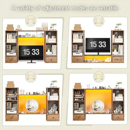 REIBII Desktop Bookshelf with LED Lights,47.2" Desktop Organizer with 6 Shelves and 2 Drawers for Top of Desk,Multipurpose Desk Hutch Dorm with Adjustable Shelves for Home and Office,Rustic Brown