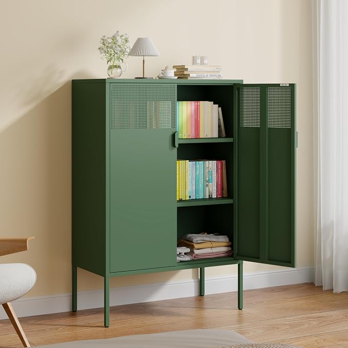 2 Mesh Door Metal Storage Cabinet with Adjustable Shelves, 3 Tier Steel Office Storage Cabinet 47''H Multipurpose Green Storage Cabinet, Metal Locker Storage Cabinet for Office, Home, Hallway