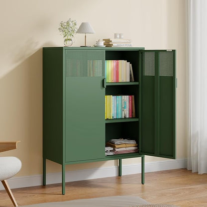 2 Mesh Door Metal Storage Cabinet with Adjustable Shelves, 3 Tier Steel Office Storage Cabinet 47''H Multipurpose Green Storage Cabinet, Metal Locker Storage Cabinet for Office, Home, Hallway