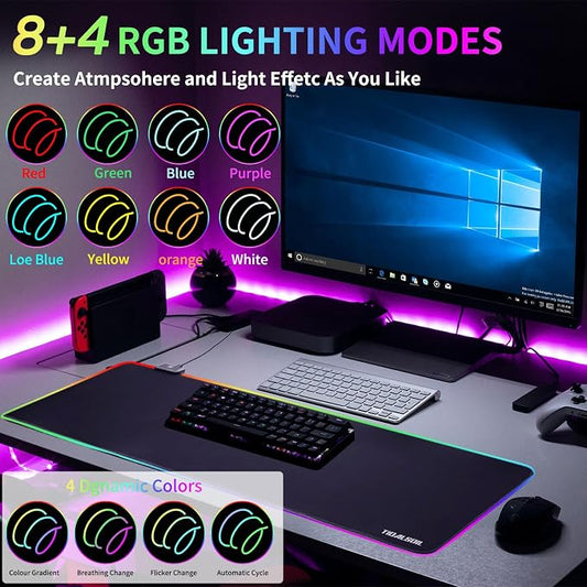 TIDALSOIL RGB Gaming Mouse Pad, 31.5 x 11.8 Inch Oversized Mouse Mat with 12 Light Modes, Non-Slip Rubber Base, Large Keyboard Pad for PC Gaming, Office, Black