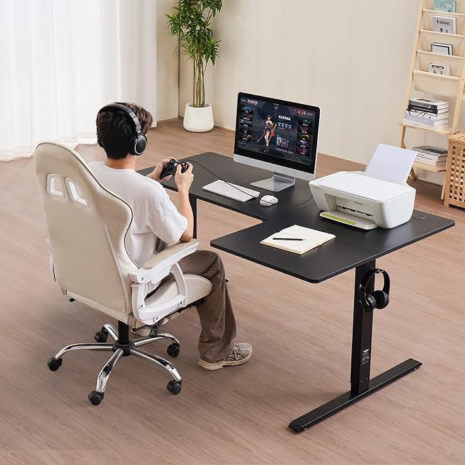 VEVOR Electric L Shaped Standing Desk 63"x39", 3 Memory Height Adjustable, Dual Motor Corner Sit Stand Up Desk with 2 Hooks, Heavy Duty Carbon Steel Computer Table Workstation, Easy to Assemble, Black