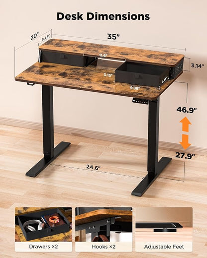 FiCiHi 35x20 Inch Standing Desk with Drawers, C-Clamp Mount Compatible, Electric Adjustable Height Computer Small Stand Up Desks, Home Office Sit Stand Table with 3 Preset Heights, Rustic Brown
