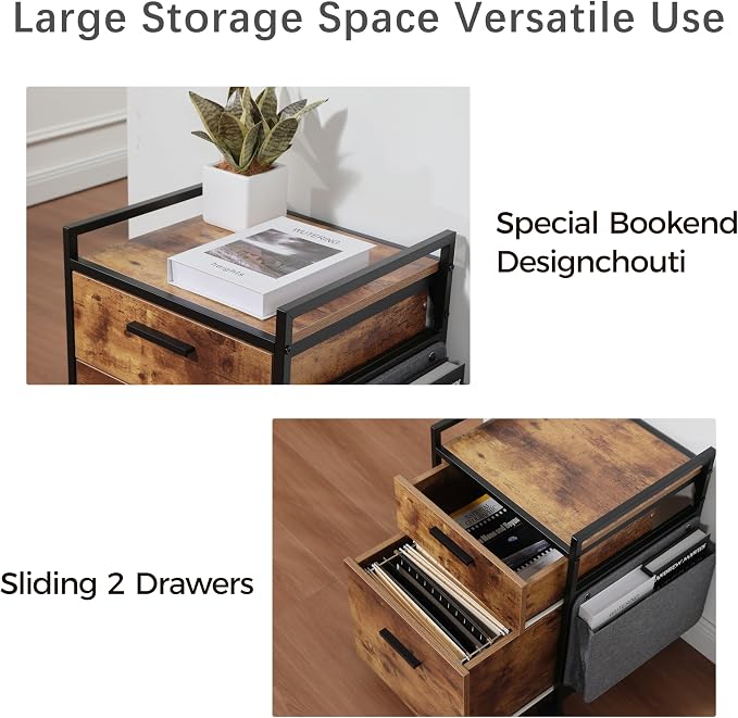 EUREKA ERGONOMIC 2 Drawer Mobile File Cabinet with Wheels, Solid Wood Rolling Storage Cabinet for Home Office, Space-Saving Under Desk Organization with Printer Stand, Rustic Brown