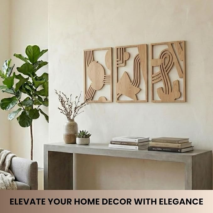 qmmp Modern Wooden Wall Sculptures - Set of 3 - Home Decor Accent - Large Wall Art for Living Room, Bedroom, Office - Easy Installation (Oak, Medium - Abstract Shapes)
