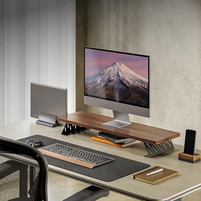 Fenge Monitor Stand Riser, 31.5 Inch Desk Top Shelf for 2 Monitors, Computer Stands for Desk, Wood & Steel Desktop Riser for Laptop, PC, Printer