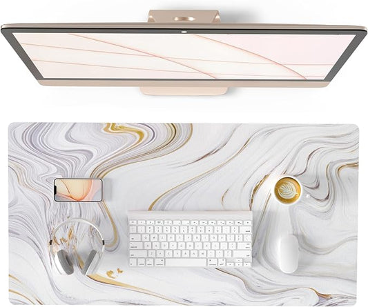 QIYI White Mouse Pad, Cute Marble Large Desk Mat, PU Leather Desk Protector Mousepad, Gold Grey Striped Waterproof Computer Keyboard Gaming Mouse Pads, Non Slip Extended Writing Pad 31.5" x 15.7"