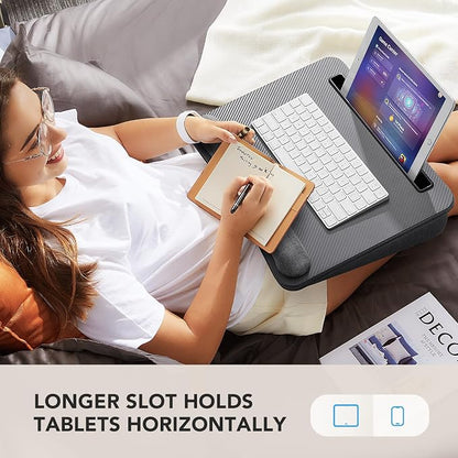HUANUO Laptop Lap Desk - Portable Lap Desk with Pillow Cushion, Fits up to 15.6 inch Laptop, with Anti-Slip Strip & Storage Function for Home Office Students Use as Computer Laptop Stand - Grey